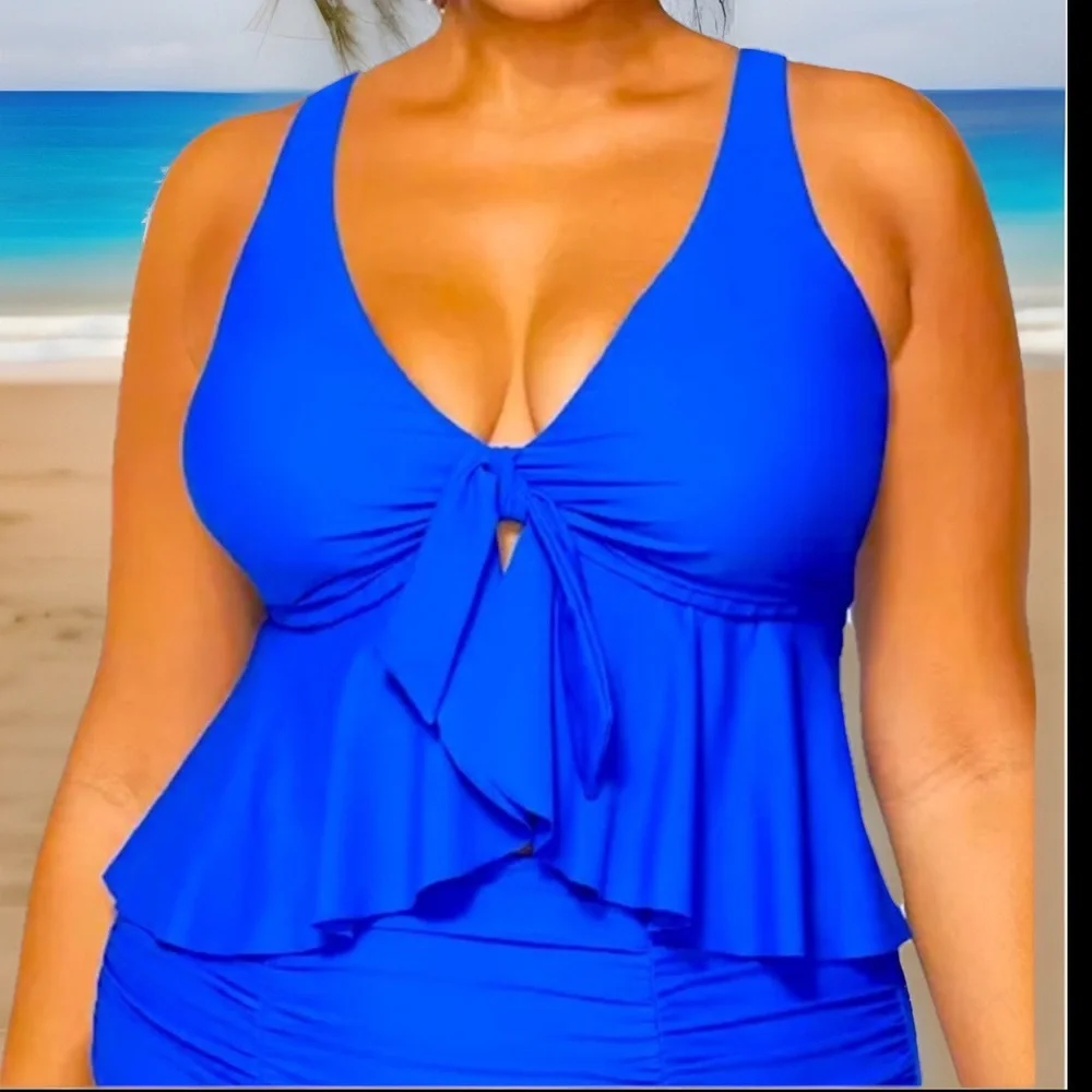 Raisins Curve Blue Topanga Tie-Front Bra Tankini Top Removable Cups W/Underwire